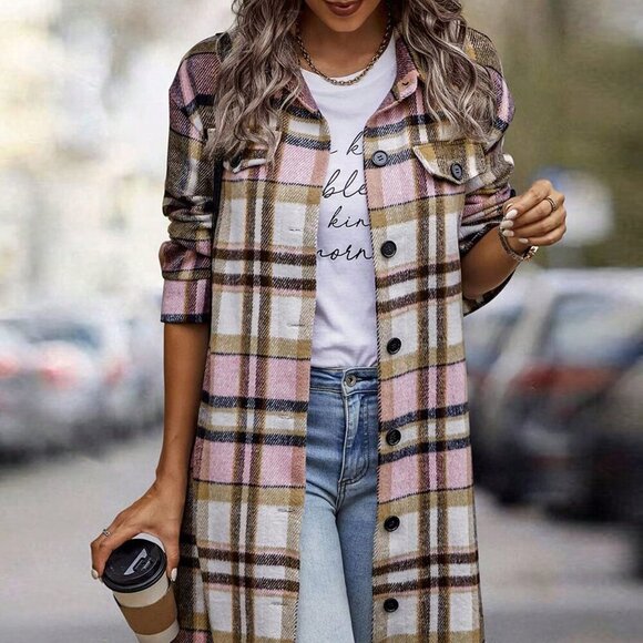 Pink Elegant Women's Plaid Long Sleeve Button Up Flannel Shirt Shacket - Picture 2 of 4